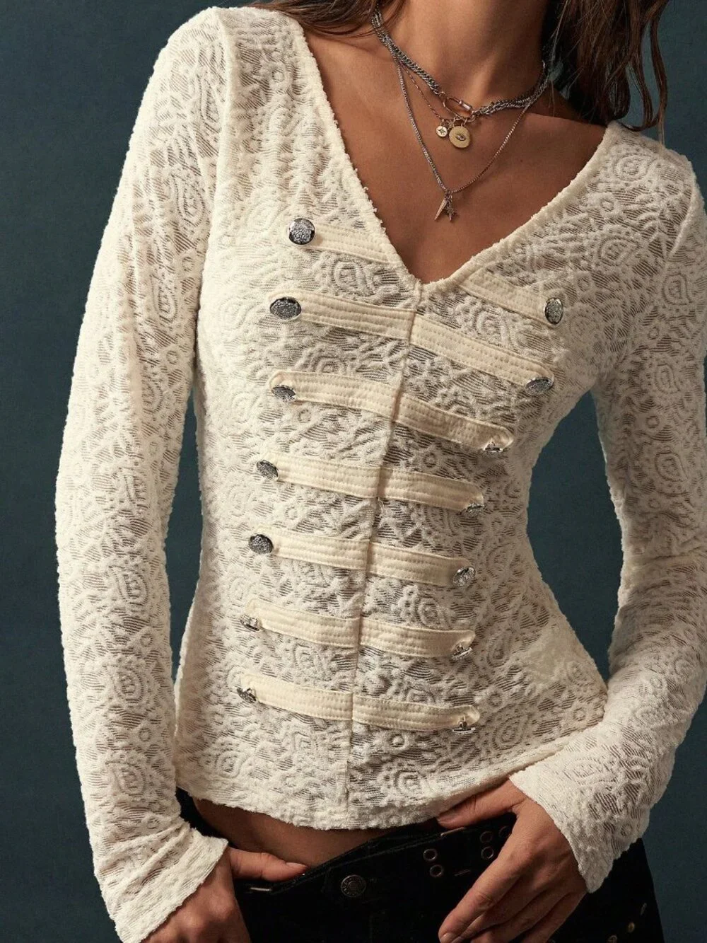 White Casual Women's Embroidered Button Design V-Neck Long Sleeve Top